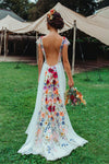 Colorful 3D Flowers Wedding Dress Cap Sleeves V Neck