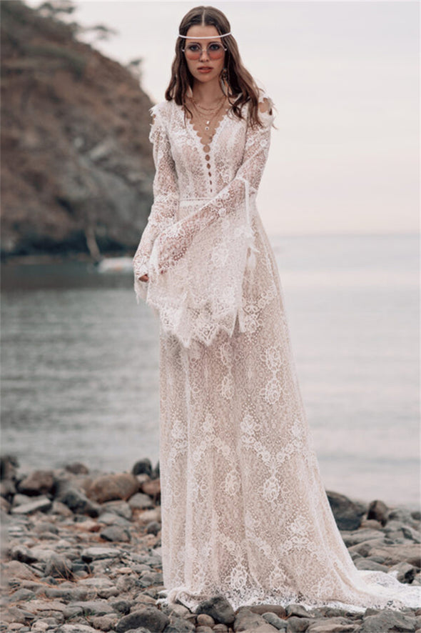 Long Bell Wide Sleeves V Neck Bohemian Ourdoor Wedding Dress