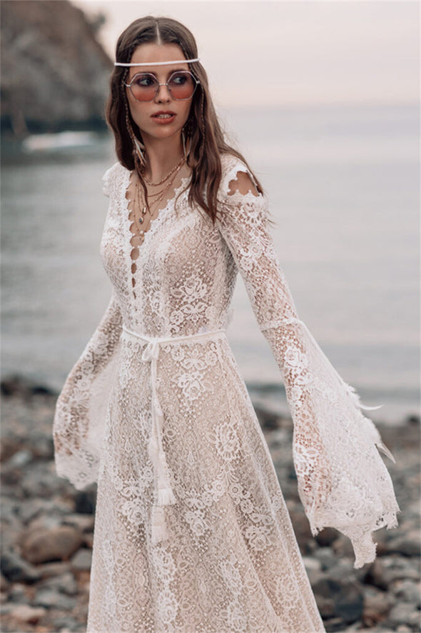 Long Bell Wide Sleeves V Neck Bohemian Ourdoor Wedding Dress