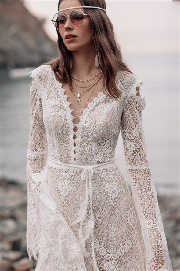 Long Bell Wide Sleeves V Neck Bohemian Ourdoor Wedding Dress