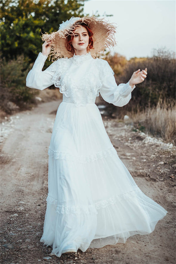 Long Puffy Sleeves Victorian Wedding Dress