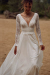 Long Sleeves Floral Lace Wedding Dress V Neck