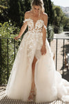 Detachable Long Puffy Sleeves High Split Embroidered Lace Bridal Gowns