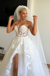 Detachable Long Puffy Sleeves High Split Embroidered Lace Bridal Gowns