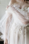 Long Puffy Sheer Sleeves Wedding Dress 3D Embroidery Flowers