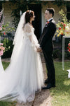 Long Puffy Sheer Sleeves Wedding Dress 3D Embroidery Flowers