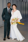 Half Bell Sleeves Soft Satin Plunging V Neck Backless Wedding Dress