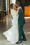 Half Bell Sleeves Soft Satin Plunging V Neck Backless Wedding Dress