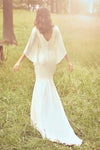 Half Bell Sleeves Soft Satin Plunging V Neck Backless Wedding Dress