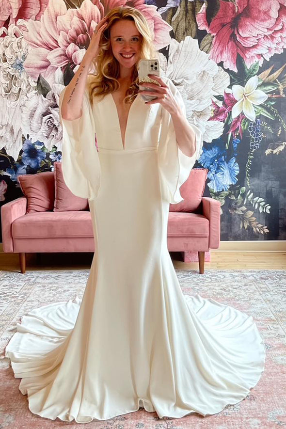 Half Bell Sleeves Soft Satin Plunging V Neck Backless Wedding Dress