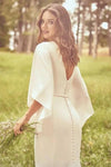 Half Bell Sleeves Soft Satin Plunging V Neck Backless Wedding Dress