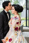 Long Flare Sleeves Luxury Wedding Dress Colorful Embroidery