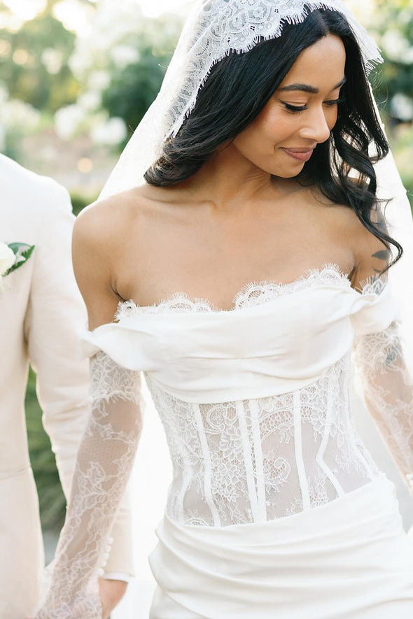 Long Sleeves Sheer Lace Bodice Boned Wedding Dress