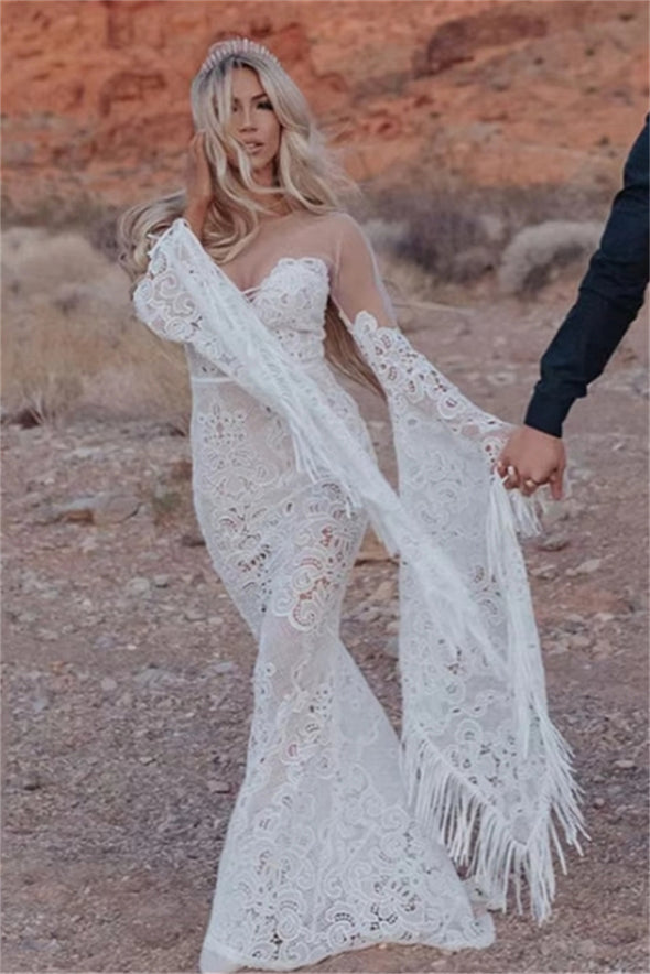 Mermaid Cutout Lace Boho Bridal Gowns Long Batwing Sleeves