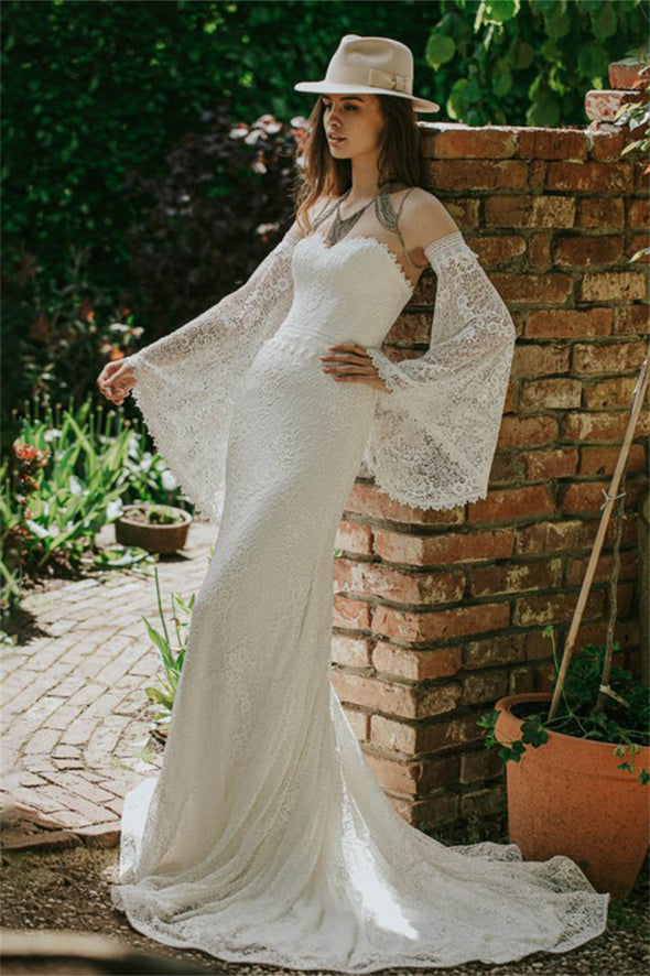 Long Batwing Sleeves Lace Sweetheart Bridal Gowns