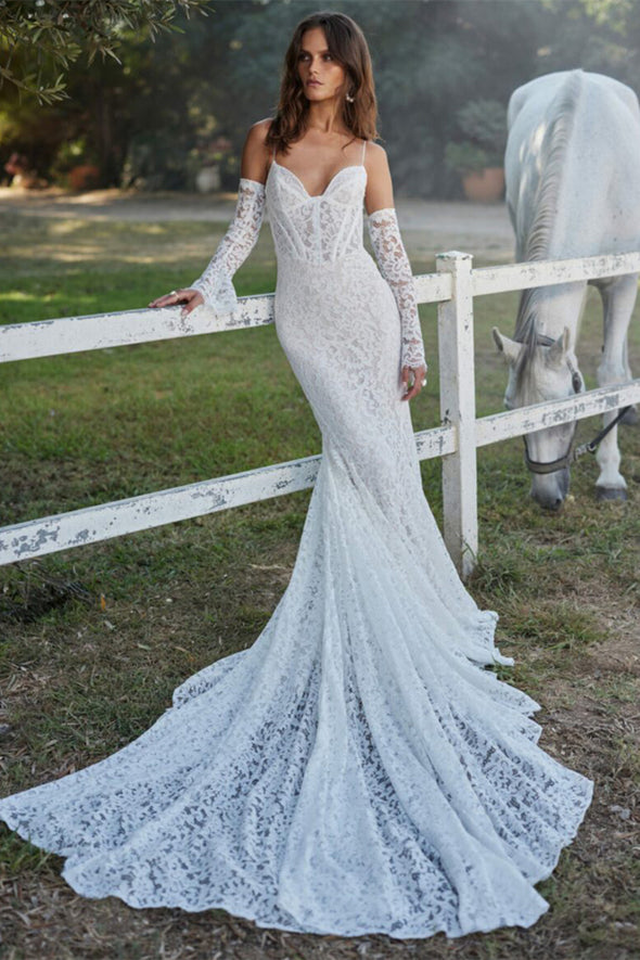 Spaghetti Straps Boho Mermaid Boning Wedding Dress