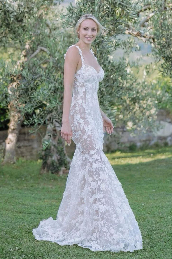 Lace Mermaid Long Wedding Dress 3D Embroidered