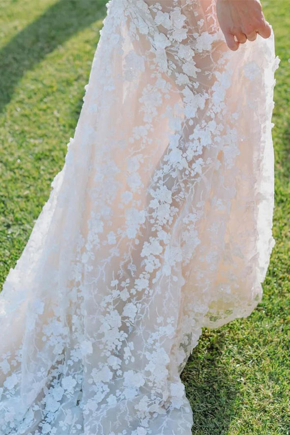 Lace Mermaid Long Wedding Dress 3D Embroidered