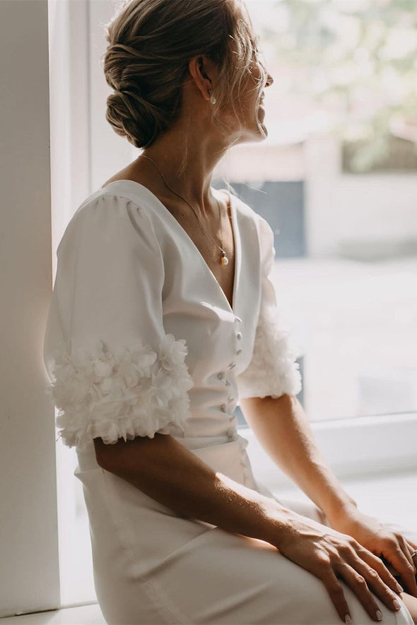 Simple Wedding Dress Short Sleeves with 3D Flowers