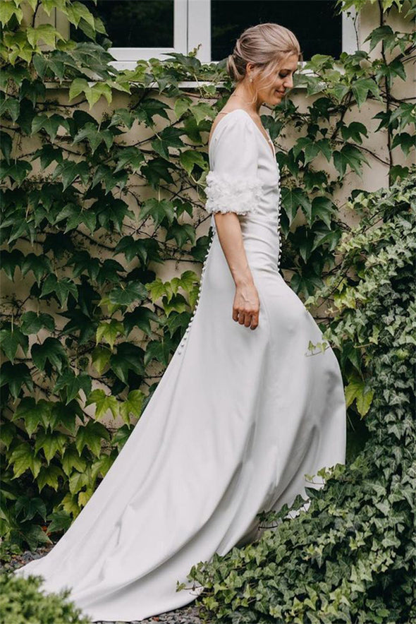 Simple Wedding Dress Short Sleeves with 3D Flowers