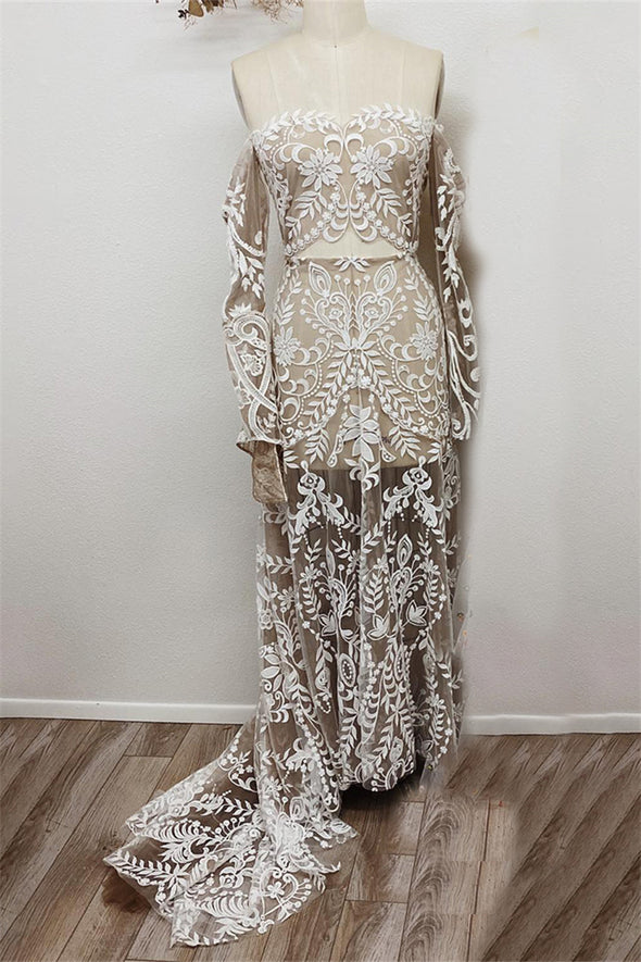 Mermaid Lace Bohemian Wedding Dress Long Flare Sleeves