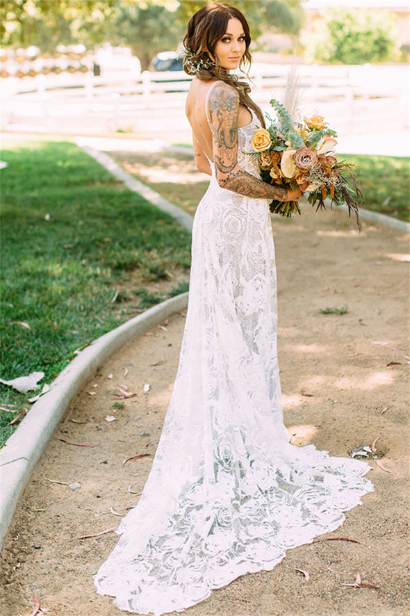 Spaghetti Straps Sheath Backless Wedding Gowns