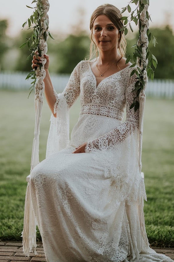 V Neck Flare Sleeves Lace Wedding Dress A Line