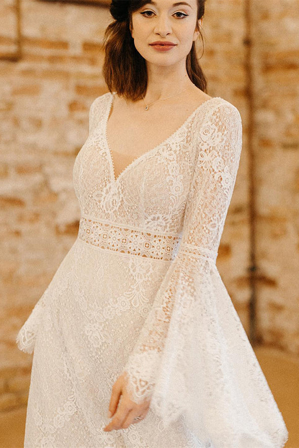 V Neck Flare Sleeves Lace Wedding Dress A Line