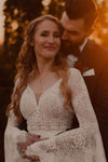 V Neck Flare Sleeves Lace Wedding Dress A Line