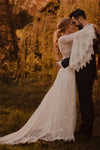 V Neck Flare Sleeves Lace Wedding Dress A Line