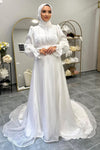 Puffy Sleeves Ruffled High Collar Modest Dubai Bridal Gowns