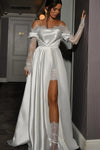 Long Sleeves Ruched Glossy Satin High Split Bridal Gowns