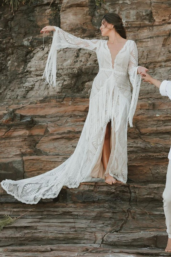 Long Bell Sleeve Boho Kaftan Bridal Gown With Tassels