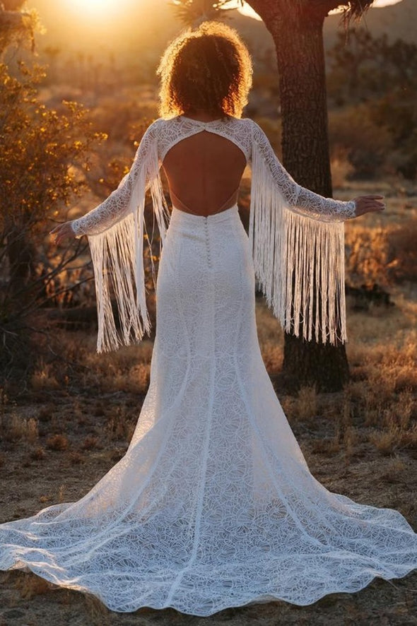 Lace Mermaid Wedding Dress With Tassel Sleeves