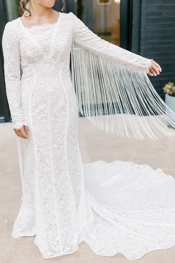 Lace Mermaid Wedding Dress With Tassel Sleeves