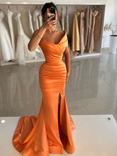 Satin Ruched Long Mermaid Evening Prom Dress With Slit