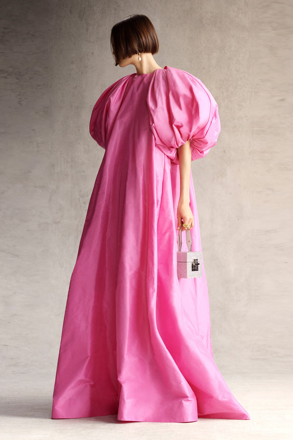 Taffeta Caftan Maxi Dress Puff Sleeves Big Bow Pink Evening Dresses