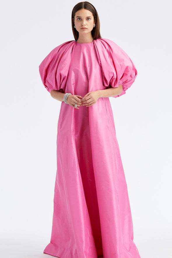 Taffeta Caftan Maxi Dress Puff Sleeves Big Bow Pink Evening Dresses