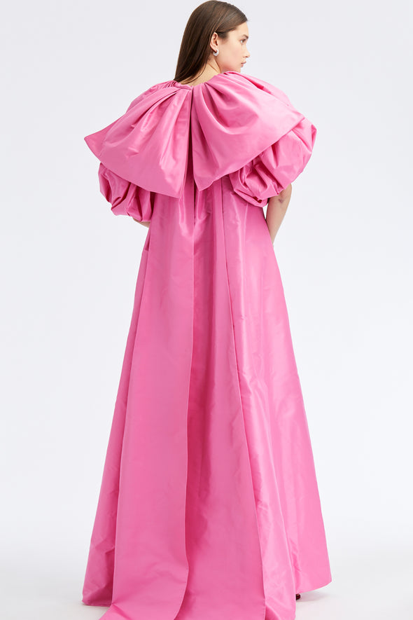 Taffeta Caftan Maxi Dress Puff Sleeves Big Bow Pink Evening Dresses