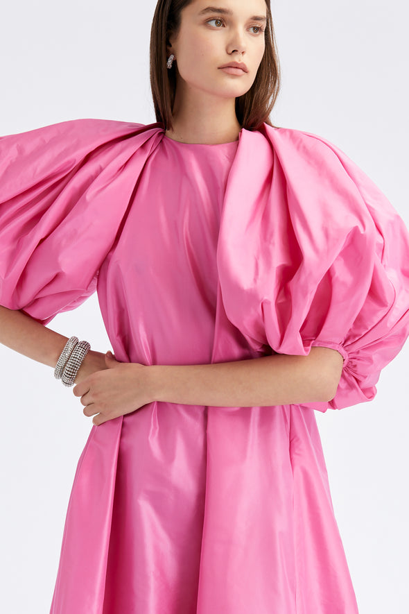 Taffeta Caftan Maxi Dress Puff Sleeves Big Bow Pink Evening Dresses