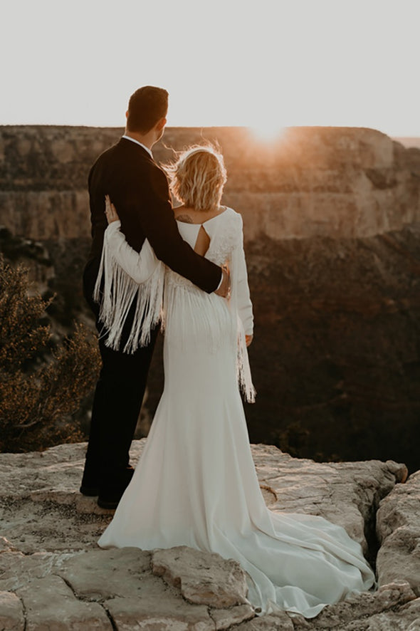 Matte Crepe Long Sleeves Fringed Wedding Dress With Tassels