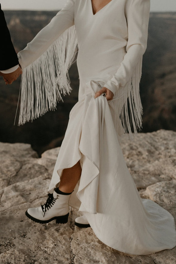 Matte Crepe Long Sleeves Fringed Wedding Dress With Tassels