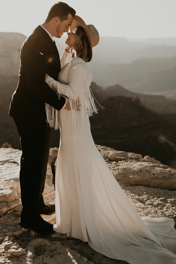 Matte Crepe Long Sleeves Fringed Wedding Dress With Tassels