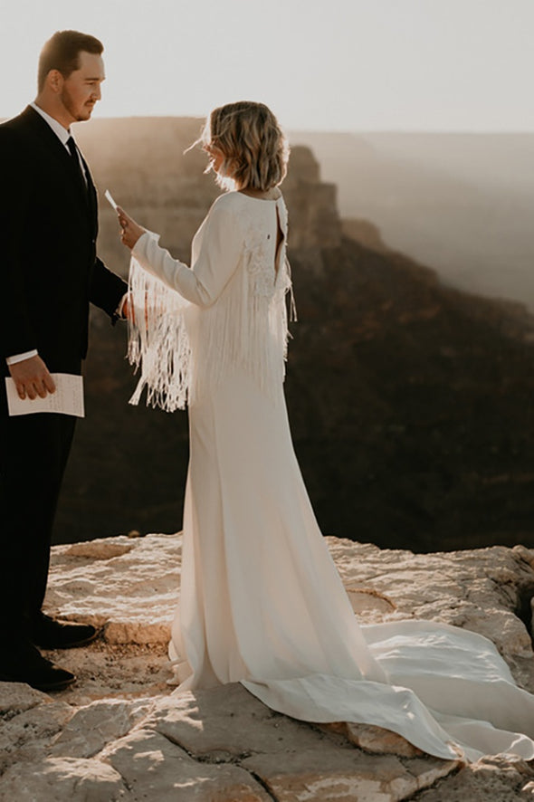 Matte Crepe Long Sleeves Fringed Wedding Dress With Tassels