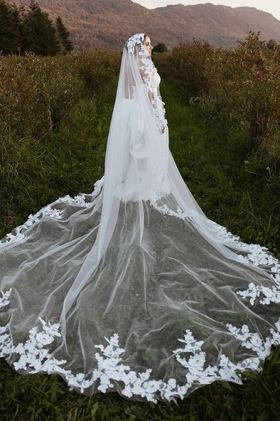 Cathedral Embroidered Flowers Ivory Wedding Veils