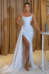 White Strapless Mermaid Prom Dress Pleats With Split Ruffles