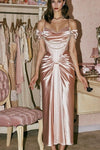 Champagne Pink Satin Formal Dresses With Pearls