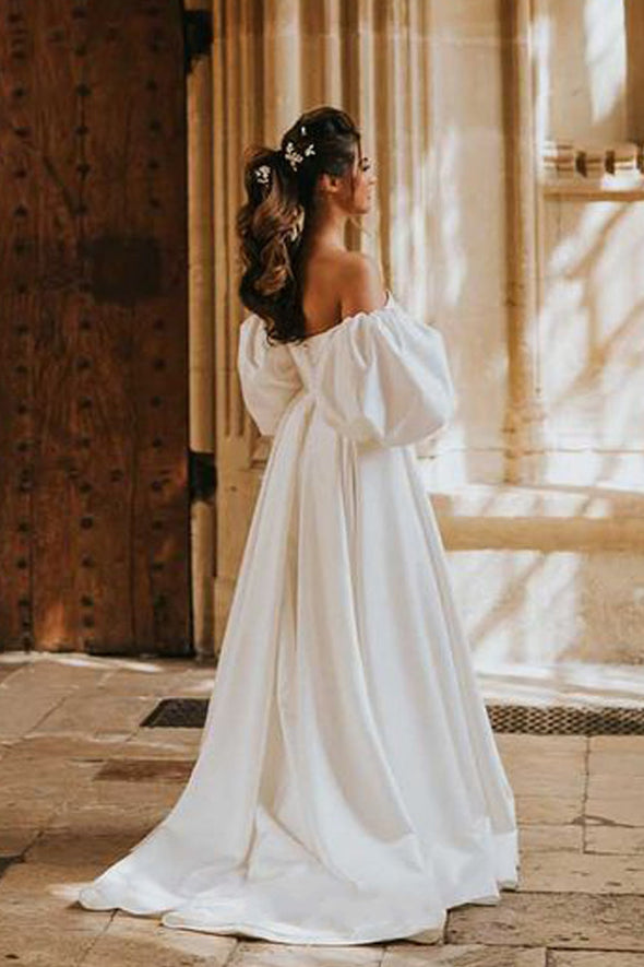 Ivory Satin Long Wedding Dress With Detachable Sleeves