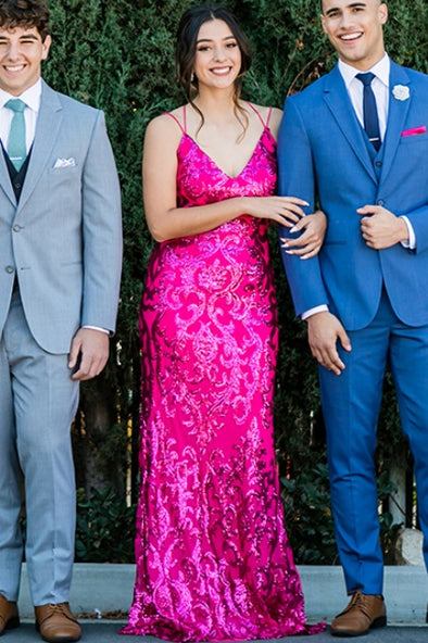 Fuchsia Sequins Long Prom Dress Spaghetti Strap