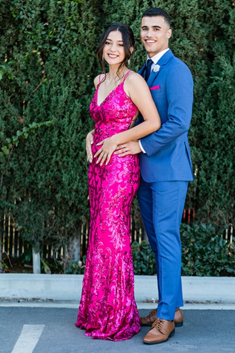 Fuchsia Sequins Long Prom Dress Spaghetti Strap